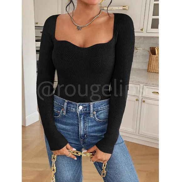 Black Sweetheart Neckline Rib Knit Light Sweater Top Fitted Slim Long Sleeve - Picture 4 of 8